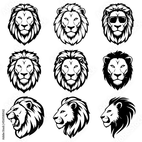 Vector illustration set of nine stylized black lion head designs in different expressions and angles, showcasing bold line art and intricate mane detailing on a white background.

