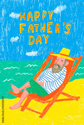 Relaxed elderly man enjoying beach on Father's Day illustration  