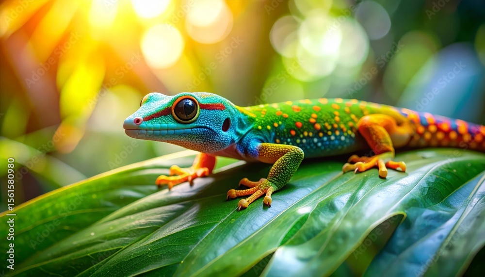Fototapeta premium Gecko rests on large leaf.