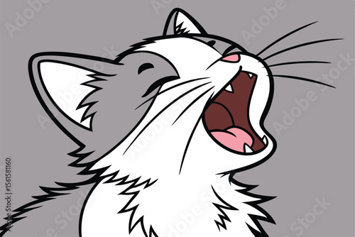 Adorable cat stretching and yawning widely with eyes closed in a playful pose