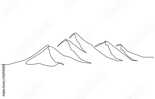 One continuous line drawing of mountain range landscape, One continuous single drawing line art flat doodle mountain, lake, beautiful, Continuous line drawing of sun and mountain editable outline.