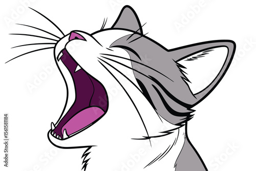 Cute cartoon cat yawning widely with its mouth open showing tongue
