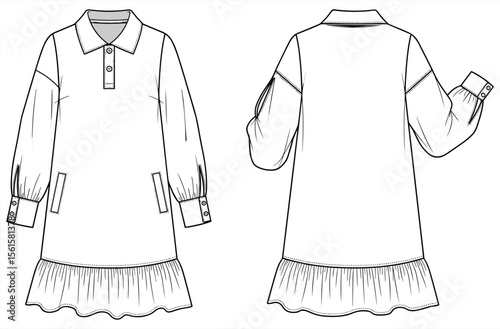 Long sleeve shirt dress with button front, chest flap pockets, belted waist, ruffle hem—front and back fashion sketch illustration