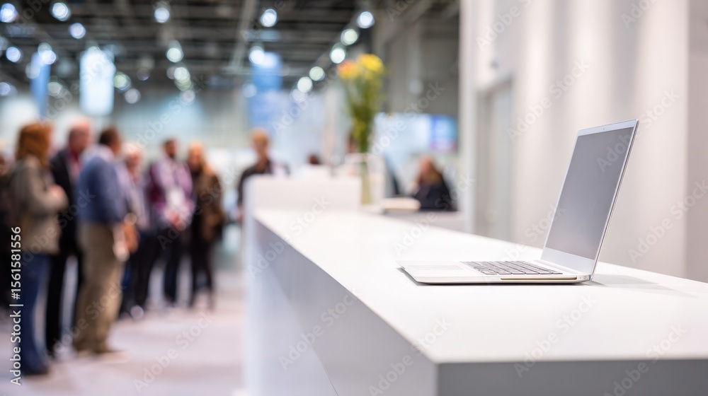 Obraz premium Modern open exhibition hall with a sleek counter and a silver laptop on white surface.
