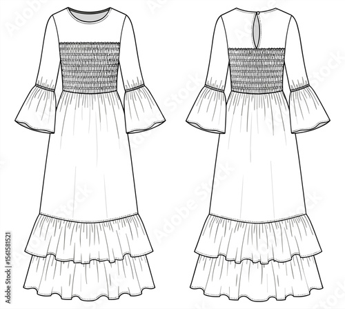 Flared cuff smocked dress with tiered ruffle hem, keyhole back, long sleeves, front and back fashion sketch for garment design