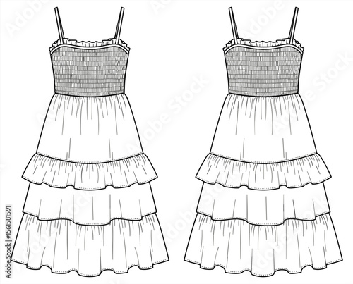 Smocked spaghetti strap dress with tiered ruffle skirt, front and back sketch, casual summer fashion template for garment design illustration