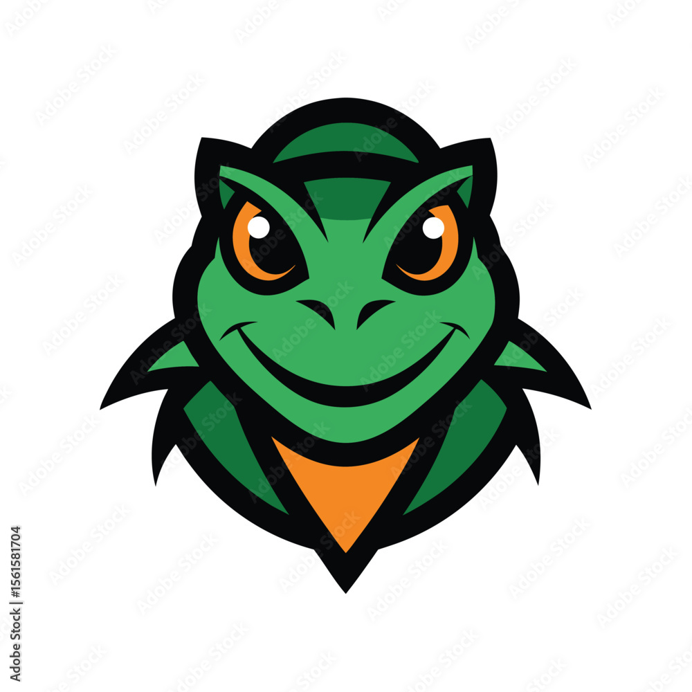 Obraz premium Green frog mascot head with orange eyes and black outline