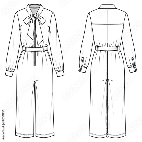 Front and back view of belted jumpsuit flat sketch, long sleeve with cuff, wide-leg silhouette, neck bow tie, perfect for apparel design