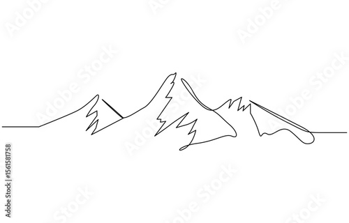 One continuous line drawing of mountain range landscape, One continuous single drawing line art flat doodle mountain, lake, beautiful, Continuous line drawing of sun and mountain editable outline.
