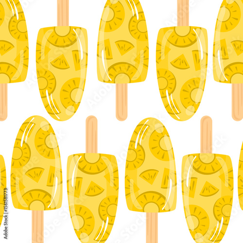 Pineapple popsicle seamless pattern. Ice cream cartoon. Can be used for wallpaper, restaurant, summer theme element, food element.