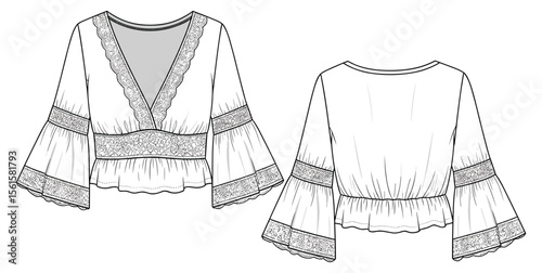 Bohemian lace blouse illustration, stylish women’s clothing design, fashion sketch, elegant feminine top drawing, apparel artwork for branding, Adobe Stock
