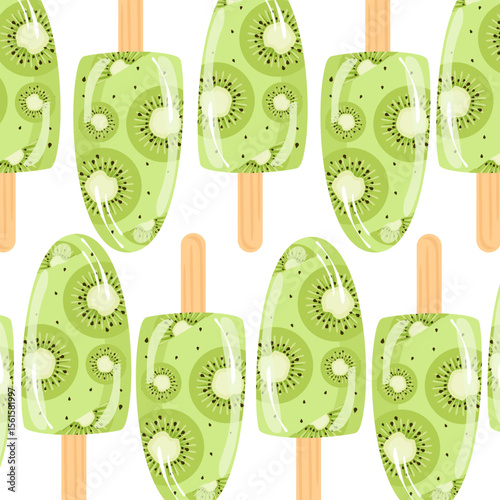 Popsicle with kiwi seamless pattern. Ice cream cartoon. Sweet snack. Summer element.  Can be used for wallpaper, paper wrapping, fashion fabric.