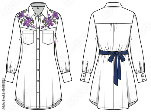 Button-down shirt dress with floral embroidery, purple and green threadwork, belted waist, chest pockets, long sleeves—front and back flat sketch illustration