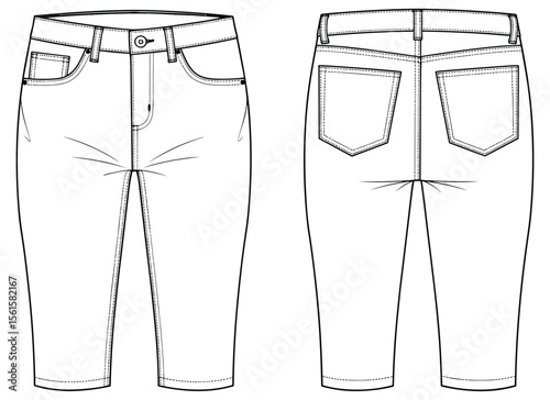 Men’s classic denim shorts technical flat sketch, front and back view, belt loops, button closure, utility pockets, ideal for garment design illustration