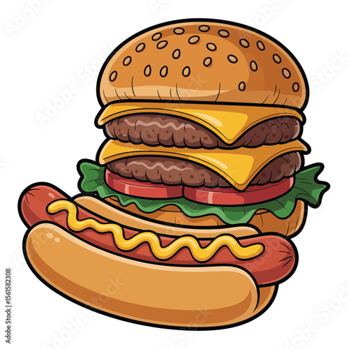 Cartoon Double Cheeseburger and Hot Dog Combo