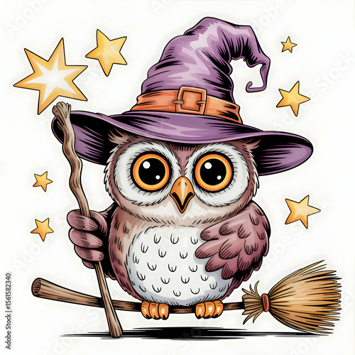 Charming owl in a purple witch hat holds a broom and prepares for a magical night under starry skies Generative AI