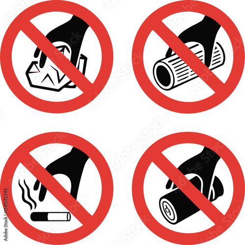 Prohibited Waste Litter Signs Set With Red Circle Slash Symbol Showing No Paper Can Cigarette Trash Disposal On White Background

