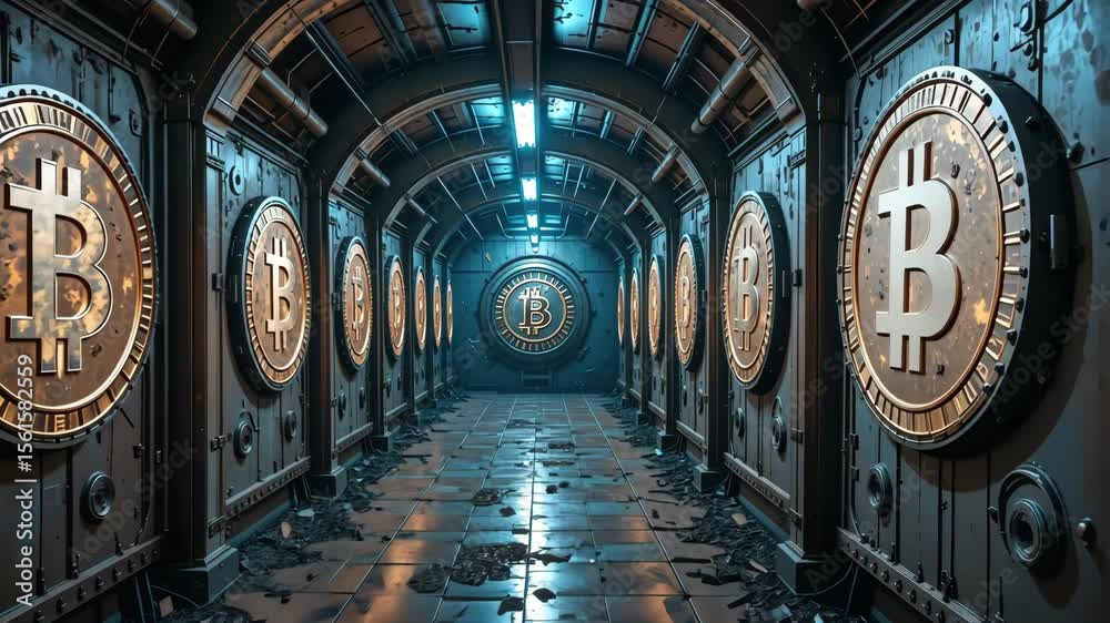 Futuristic dark tunnel with glowing bitcoin symbols on walls perspective view with wet floor sci fi crypto concept
