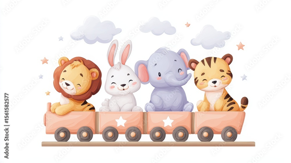 Fototapeta premium Cute cartoon animals, including a lion, rabbit, elephant, and tiger, riding in a colorful train with clouds in the background.