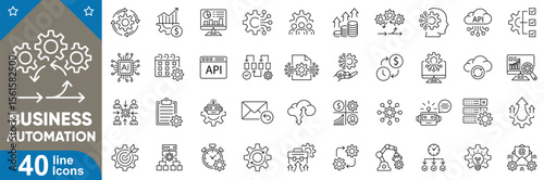 Business automation icons set. Workflow, automation, robot process, task management, integration, smart system, cloud sync, data analysis, API connection and more. Vector illustration