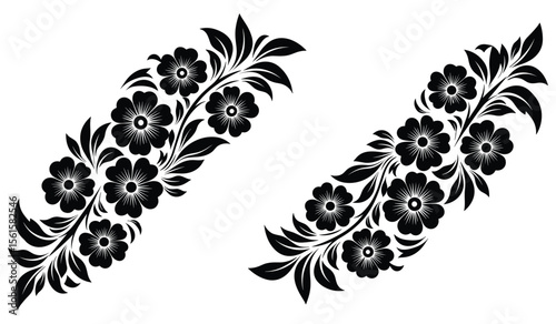 Bold black floral tattoo motif with mirrored symmetry, botanical leaves and stems, suitable for fabric prints, stickers, ink design, or digital art usage