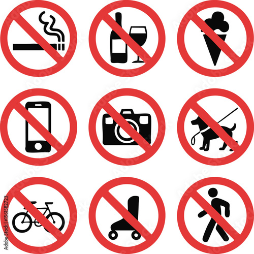 Prohibited Activities Warning Signs Set With Red Circle Slash Symbols Showing No Smoking Alcohol Food Phone Camera Bicycle

