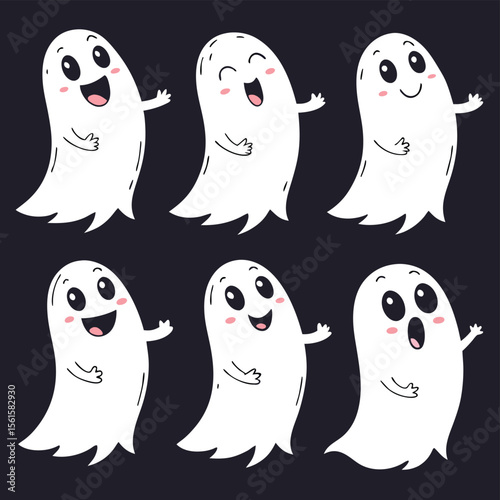 A digital illustration featuring a grid of six cartoon ghosts against a dark background. Each ghost is white with rosy cheeks and displays a different happy or playful facial expression.