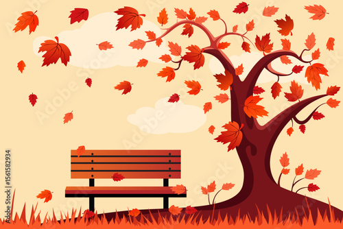 Autumn city park with a bench under a beautiful tree with falling leaves. Bench in a beautiful autumn park. Autumn tree with falling leaves and a bench, vector. Romantic autumn vector illustration.