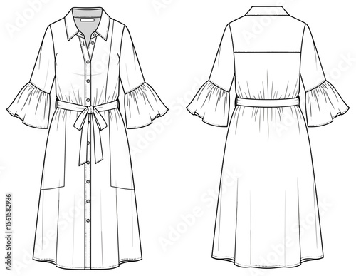 Collared dress flat sketch with button front, belt waist, ruffled cuffs, flared skirt—front and back views for garment design
