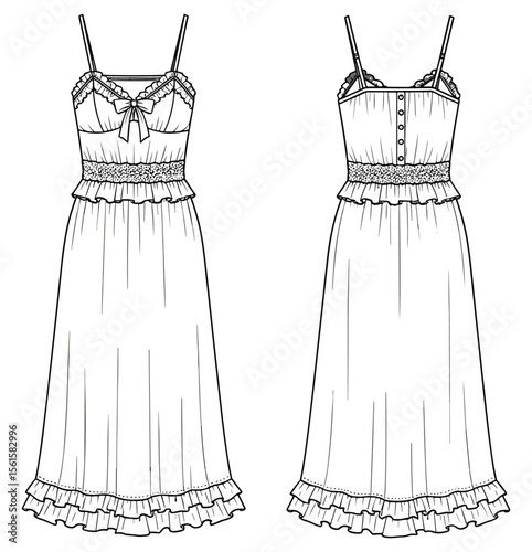 Lace-trimmed ruffle maxi dress flat sketch with spaghetti straps, peplum waist, flowing hem—front and back technical fashion illustration