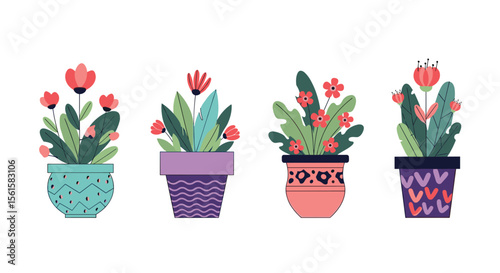 A charming collection of four potted plants featuring colorful flowers and decorative pots showcasing vibrant springtime beauty and indoor botanical decor