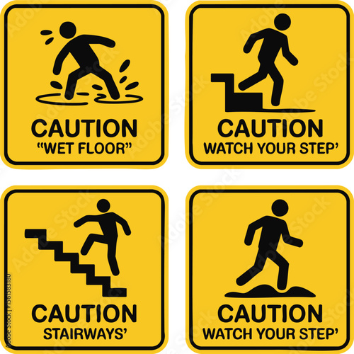 Caution Safety Signs Collection With Slippery Wet Floor Trip And Fall Prevention Symbols On Yellow Square Background Design

