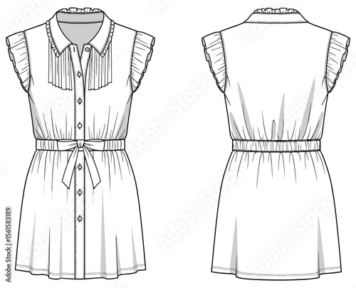 Sleeveless pleated-front dress flat sketch with waist belt, ruffle armholes, collared button-down design—front and back garment illustration