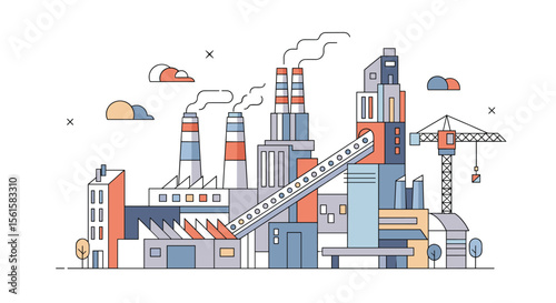 Modern industrial complex with factories and towering cranes under a clear sky
