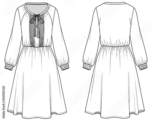 Knee-length pleated dress flat sketch with bow-tie neckline, gathered sleeves, flared skirt—front and back views for garment design