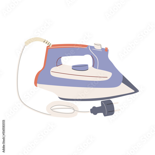 Electric iron for ironing clothes and linen. Horizontal position. Appliances. Isolated. Flat vector illustration. Blue