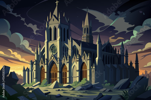 A vector illustration of an ancient European church and its towering cathedral architecture at night
