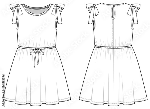 Shoulder-bow flare dress flat sketch with round neckline, drawstring waist, and back keyhole—front and back views for garment design