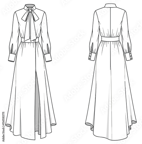 Long dress flat sketch with high bow collar, slit front, button cuffs, and flared hem—front and back detailed views