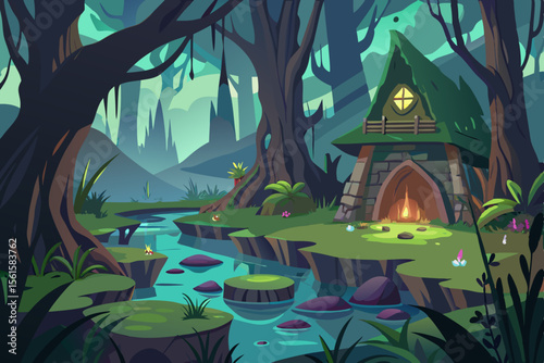 Illustration of a magical fairy tale castle and house nestled within a whimsical forest landscape at night, with a spooky Halloween vector art design
