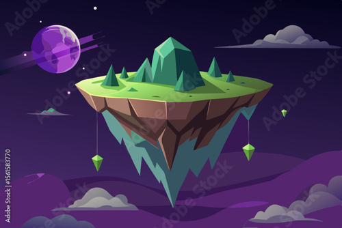 A serene cartoon paper-cut illustration of a night landscape with the moon and stars over a calm ocean, featuring a tiny boat on the water and distant mountains