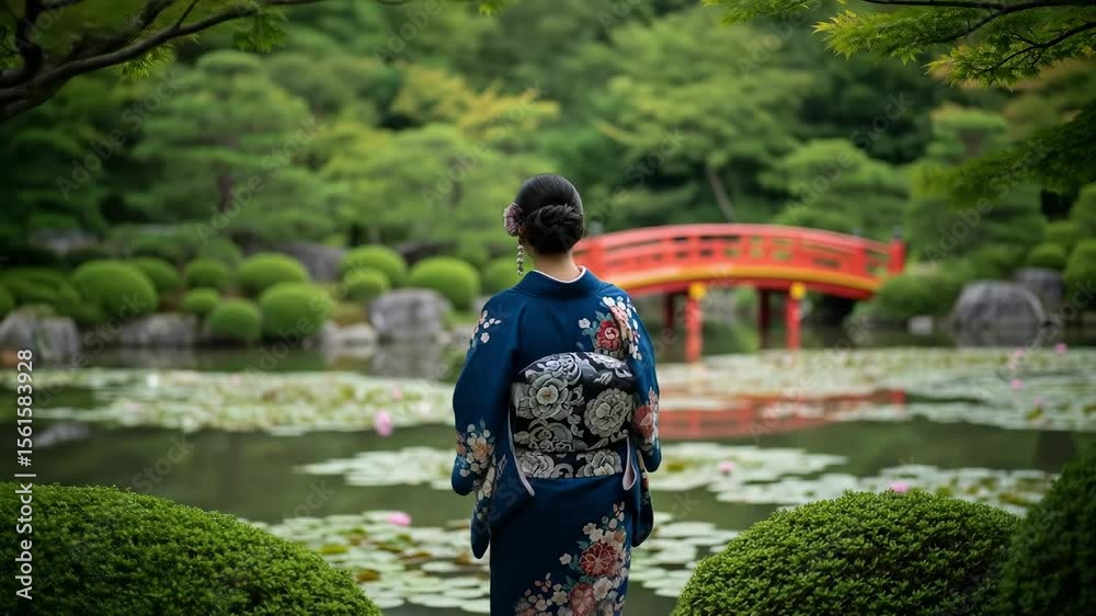 A Young Woman in a Traditional Japanese Kimono Stands Gracefully by a Serene Pond in a Lush Garden, Framed by Vibrant Greenery and a Decorative Red Bridge