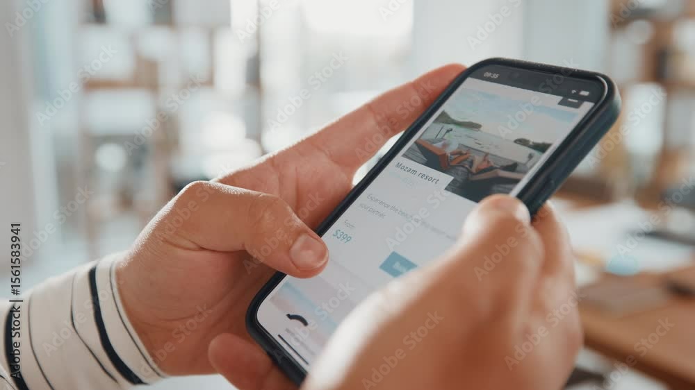 Mobile, hands or person on holiday booking website in office planning vacation options on app screen. Travel choice, phone closeup or scroll to search display online for day off, leave or hotel info