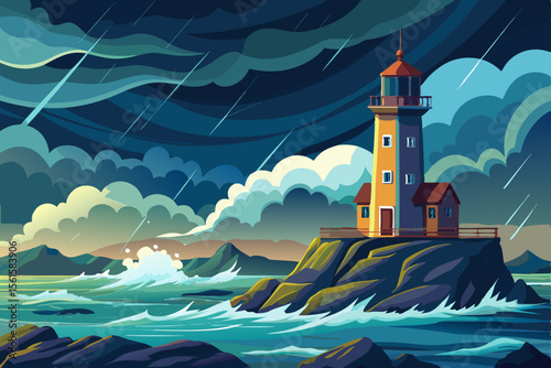 A lone lighthouse casts its beacon across the night sea, a guiding light on the coast