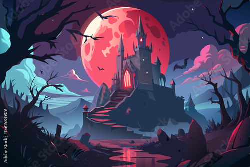 Spooky Halloween night with bats silhouetted against a full moon and gnarled trees, a perfect vector illustration for a scary October holiday