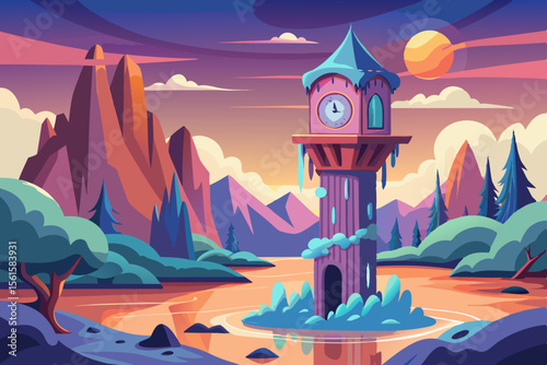An enchanting illustration of a fantasy castle silhouette against a moonlit sky with mountains and a village