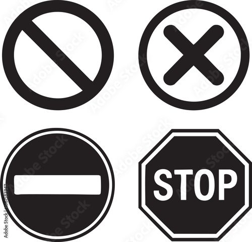 Traffic Prohibition Warning Stop And Cross Symbols Collection In Black Silhouette Style For Road Safety And Caution Design


