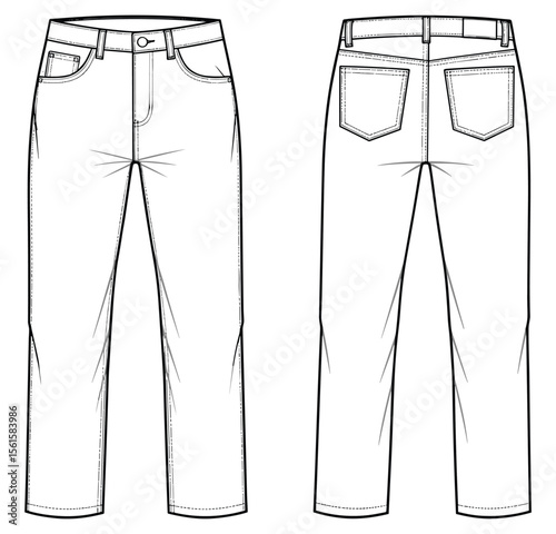 Men’s fashion pants flat sketch featuring front and back views, belt loops, pockets, detailed seams—ideal for garment design illustrations