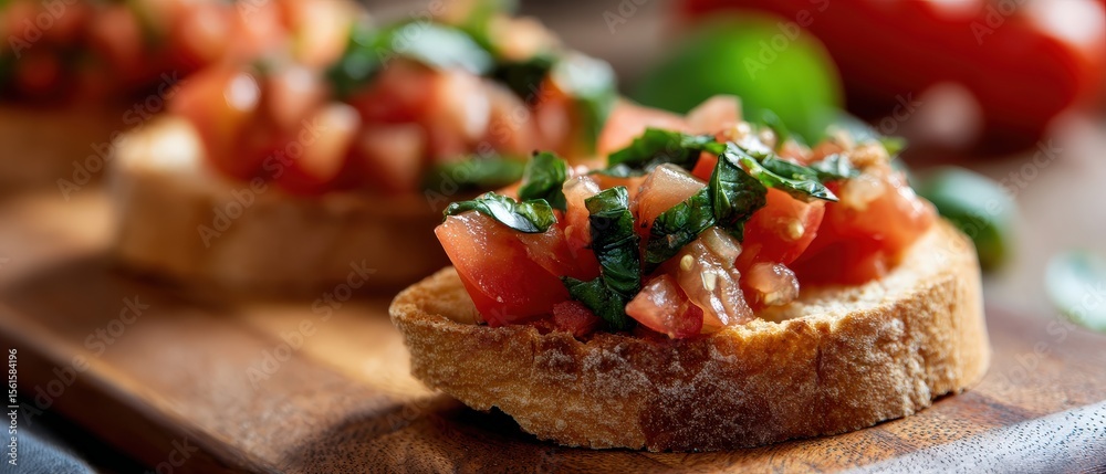 custom made wallpaper toronto digitalCloseup of Delicious Bruschetta Topped with Fresh Basil and Tomatoes on Wooden Board Concept of Italian Cuisine, Appetizer, and Healthy Eating
