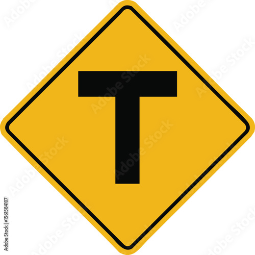 T Intersection Road Warning Sign With Bold Black Letter Symbol On Yellow Diamond Background For Traffic Safety Awareness

